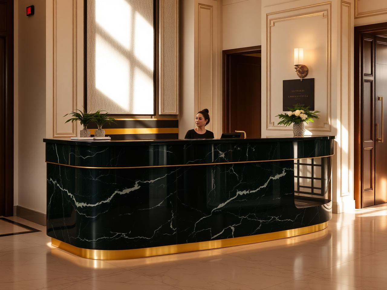 Recepción de hotel premium con mármol verde y detalles en bronce