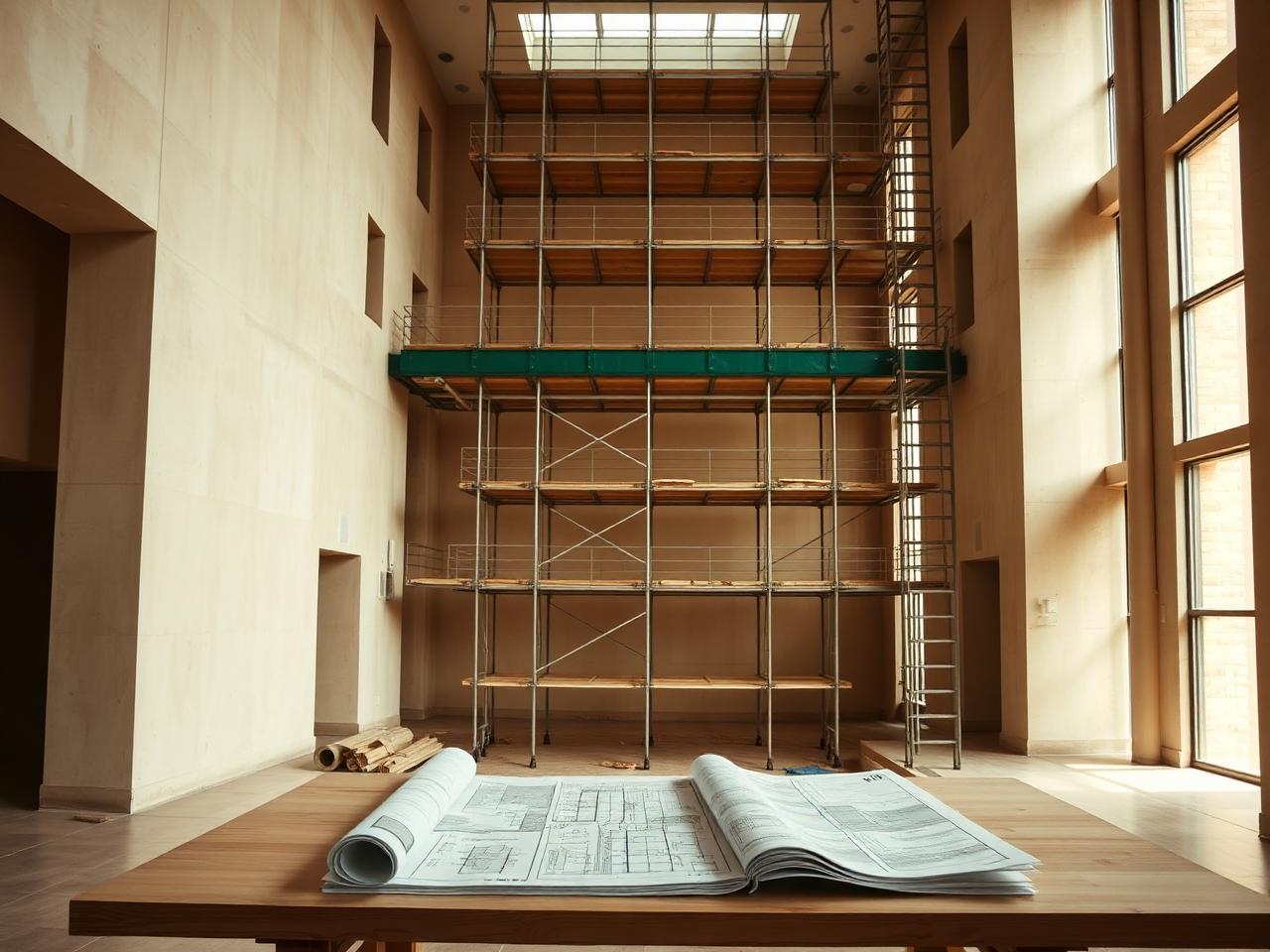 Atrio de hotel en obra con planos sobre una mesa de trabajo